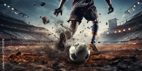 a soccer player kicks the ball into a football pitch photo