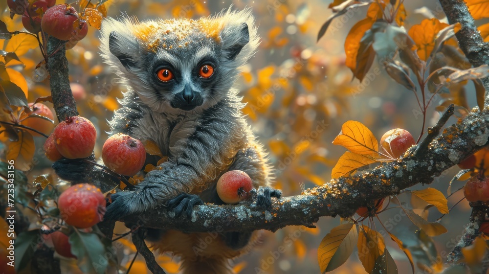 a close up of a small animal on a branch of a tree with apples in the ...