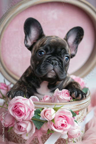 A french bulldog puppy inside a gift box with roses. Generative AI  © Oleksandr