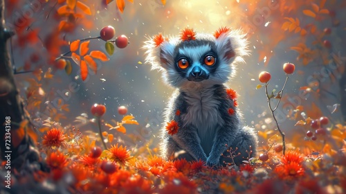  a painting of a small animal sitting in the middle of a field of orange and red flowers in front of a tree with red berries on it's branches.
