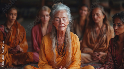 Sisterhood: wold woman meditating in the middle of a circle of women photo