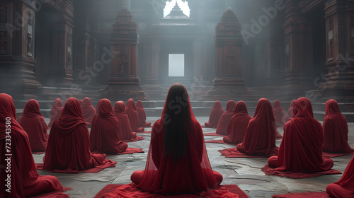 Women in red vails in a temple photo