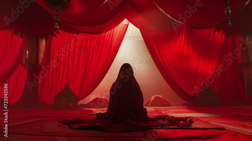 Red tent: woman sitting alone in the middle of red tent