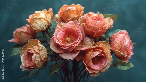  a close up of a bunch of flowers with water droplets on them and green leaves on the top and bottom of the flowers  on a teal blue background.