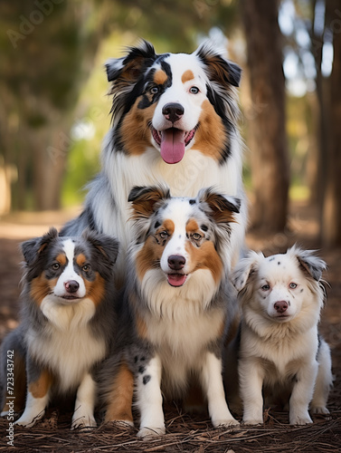 a group of dogs sitting together in the woods