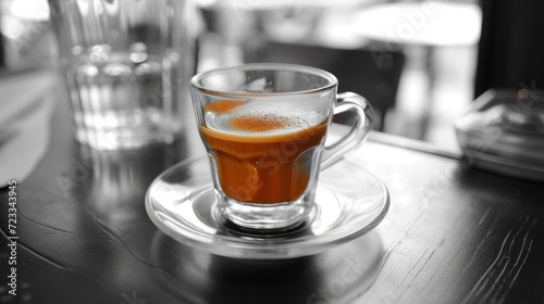  a black and white photo of a cup of liquid on a saucer on a table with a knife and a glass of water on the side of the table.