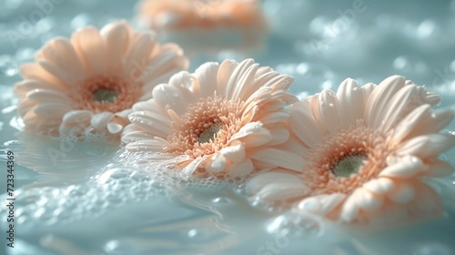  a group of white flowers floating on top of a body of water with drops of water on the bottom of the flowers and on the bottom of the water is a light blue surface.