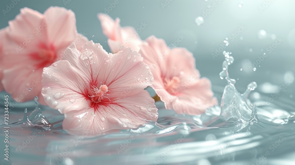 a group of pink flowers floating on top of a body of water with a splash of water on the bottom of the image and a drop of water on the bottom of the image. a group of pink flowers floating on top of a body of water with a splash of water on the bottom of the image and a drop of water on the bottom of the image.