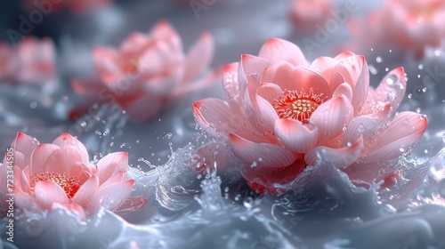  a group of pink water lilies floating on top of a body of water with drops of water on the bottom of the petals and on top of the petals.