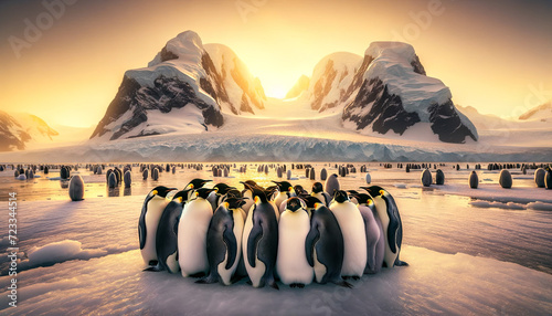 A group of Emperor penguins huddled together on the ice in Antarctica
