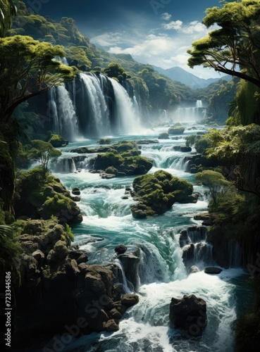 A cascading waterfall surrounded by lush greenery in a forest, feeding into a serene mountain river