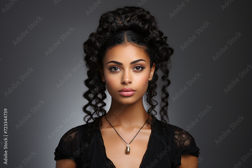 Portrait of a beautiful young woman with afro hairstyle and makeup. ai generated