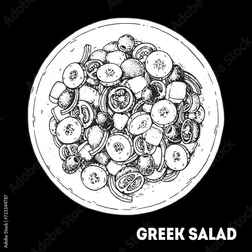 Greek salad hand drawn vector illustration. Top view. Greek cuisine. Linear graphic. Food sketch.