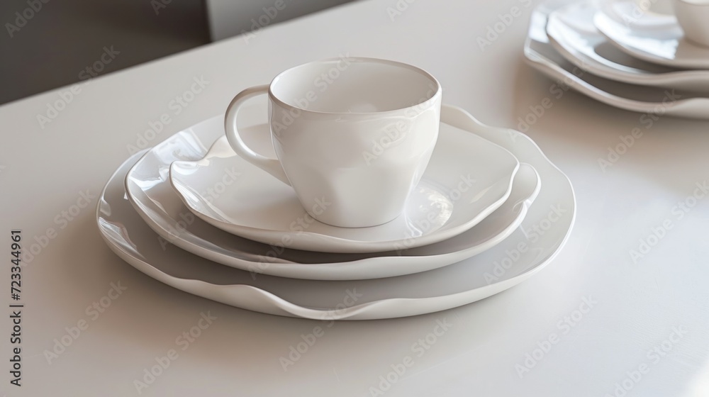  a close up of a white plate with a cup and saucer on a white table with a white table cloth and a black and white table cloth behind it.