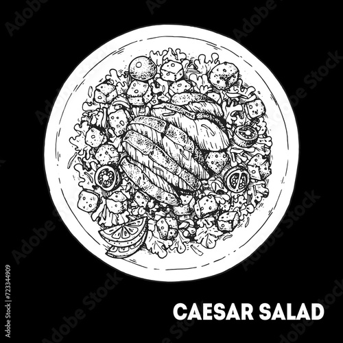 Caesar salad hand drawn sketch. Top view. Caesar salad with chicken. Vector illustration.