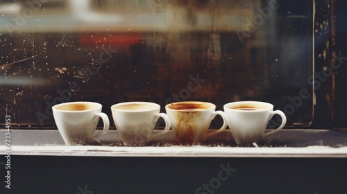  a group of coffee cups sitting on top of a window sill next to a window sill with a reflection of a building in the window behind the cup.