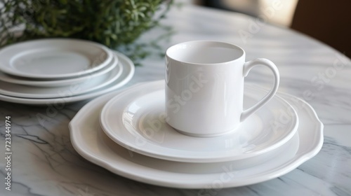  a close up of a plate with a cup and saucer on a table with a plant in the middle of the plate and another plate on the side of the plate.