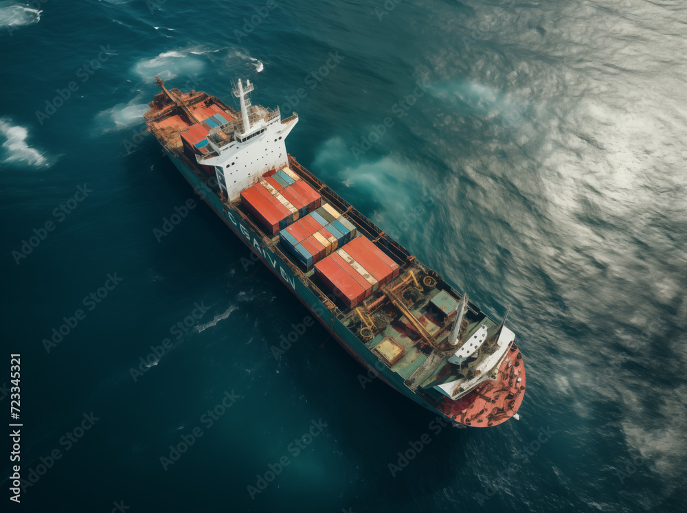 Containerschiff mit Ladung auf hoher See, strahlend schönes Wetter mit ...