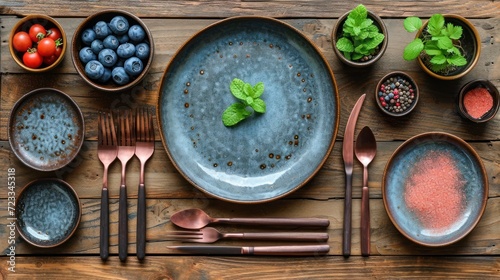  a wooden table topped with plates and bowls filled with different types of fruits and vegetables next to utensils and a knife and fork on top of a wooden table.