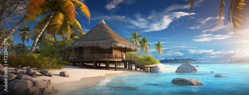 Bungalows, Holzhütten im Paradies, Ferienunterkünfte an einem Sandstrand unter Palmen, Strand im Paradies