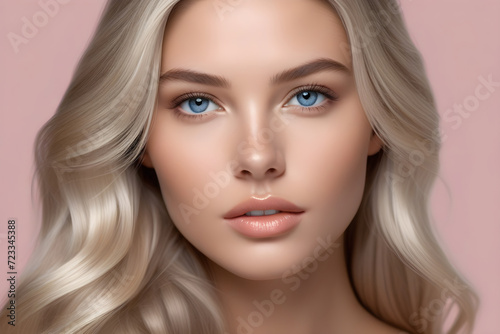 blonde with blue eyes, nude makeup and clear skin