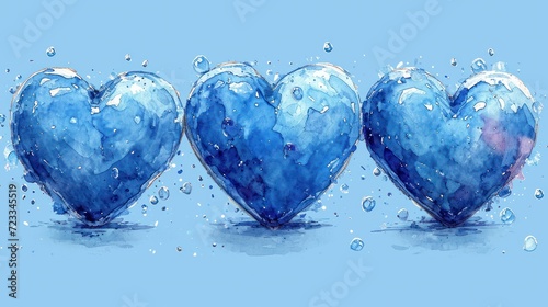  a group of three blue heart shaped balloons floating on top of a blue surface with drops of water on the top of the balloons and on the bottom of the balloons.