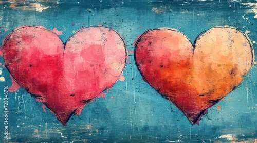  a painting of two red and one orange hearts on a blue background with paint splattered on the sides of the heart, with a blue background of rusted paint.