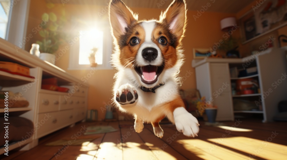 Joyful Corgi Mid-Leap in Sunlit Room Joyful Corgi Mid-Leap in Sunlit Room