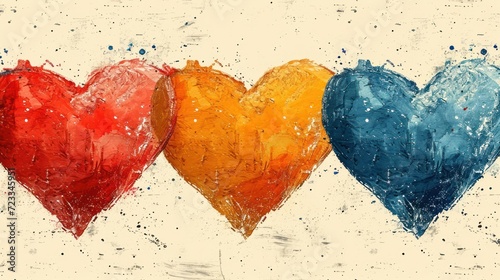  three hearts painted in different colors of blue  red  yellow  and orange on a white background with a splash of paint on the bottom half of the image.