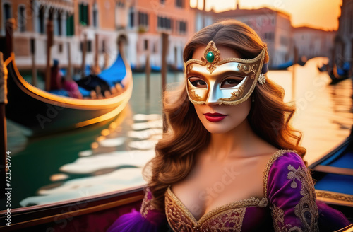 Venetian Carnival portrait of beautiful woman in masquerade richly decorated mask is sitting in luxurious gondola, Atmosphere of mystery, fantasy, medieval torches on blurred background, soft focus © Lana-Fotini