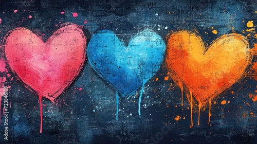  a painting of three heart shaped balloons painted on a blue  pink  orange  and black background with splats of paint on the bottom of the image.