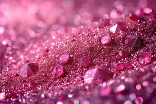 A sparkling pink pile of glitter glistens with the fluid drops of magenta dew, capturing the essence of colorfulness and the beauty of a closeup rain