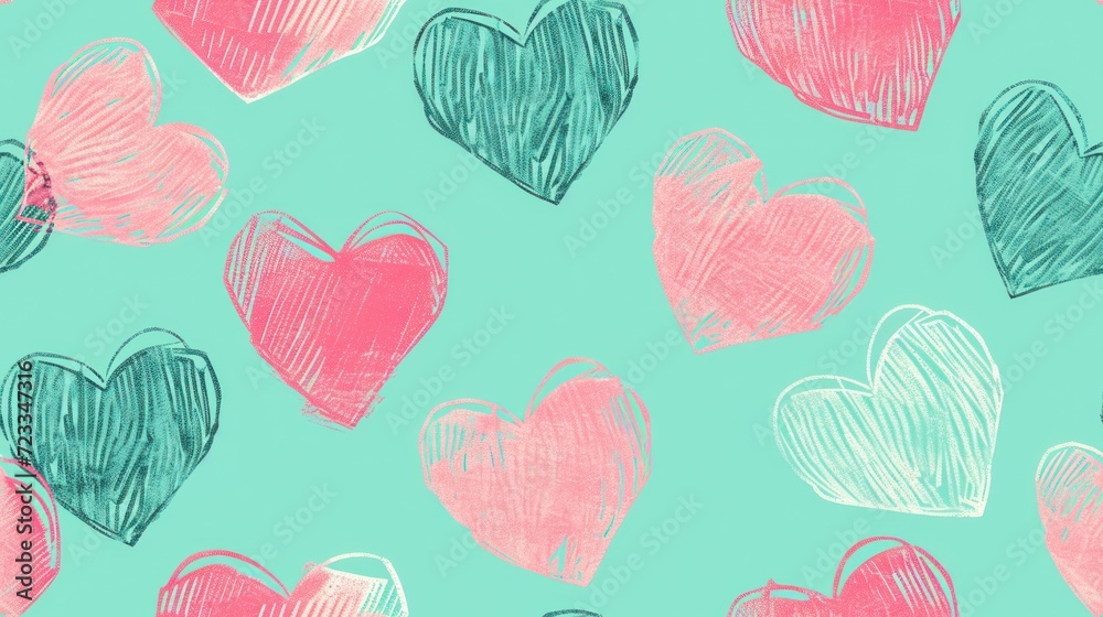 a bunch of hearts that are drawn in pink, blue, and pink on a light green background with a pink heart in the middle of the middle of the image. a bunch of hearts that are drawn in pink, blue, and pink on a light green background with a pink heart in the middle of the middle of the image.