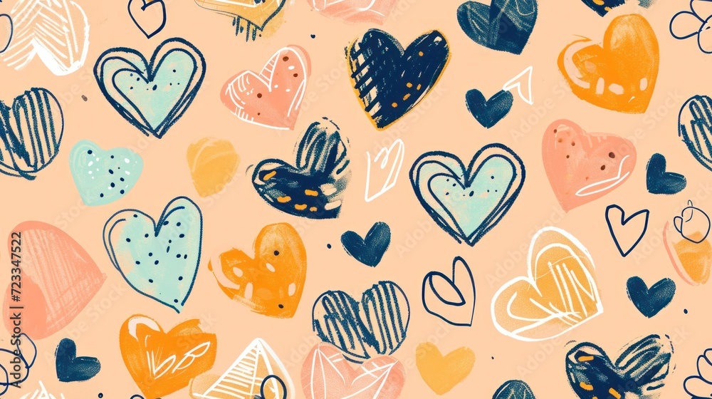  a bunch of hearts that are painted on a pink background with blue, orange, and pink hearts in the shape of a heart on top of a pink background.