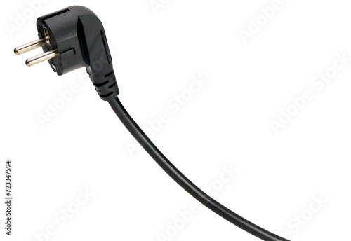 Black electric power cable wire with plug 250 volt isolated on white background.