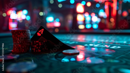 Shadows and light dance around a black neon poker card and poker chips, crafting a mesmerizing image against a mysterious casino backdrop.
