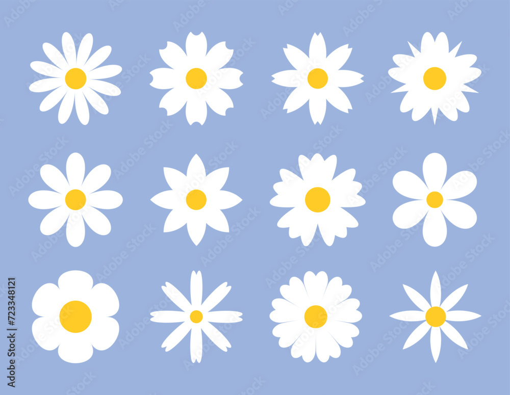 set of white daisies from geometric figures, collection of abstract silhouettes of flowers flowers icons isolated on white Simple chamomile set	
