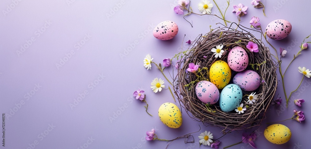 Easter eggs in nest on purple background. Flat lay, top view