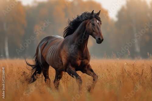 A majestic liver sorrel mustang horse stands tall in a field, its brown mane flowing in the wind as it gallops freely through the lush green grass