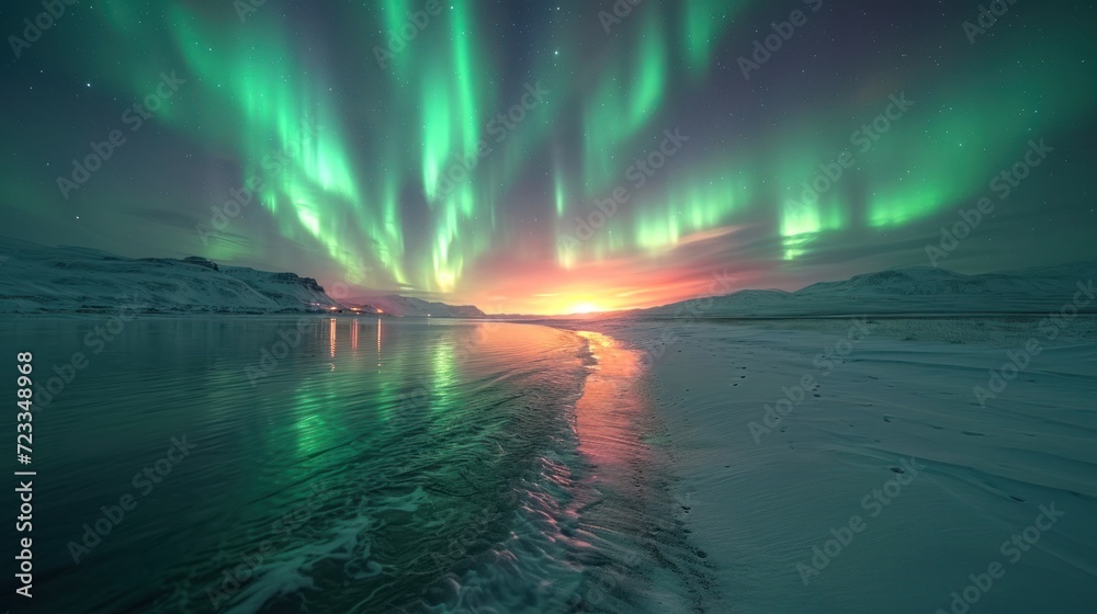  a bright green and purple aurora bore above a body of water with snow on the ground and a mountain in the distance with snow on the ground and in the foreground.