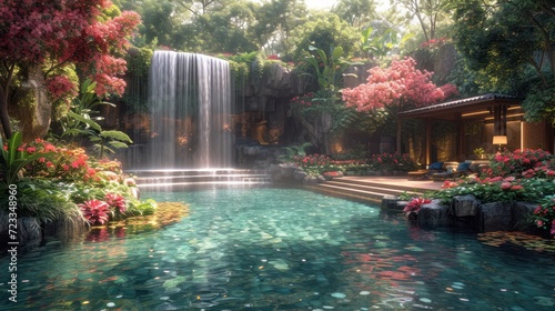  a painting of a waterfall in the middle of a garden with flowers and a waterfall in the middle of a pool with a waterfall in the middle of the water.