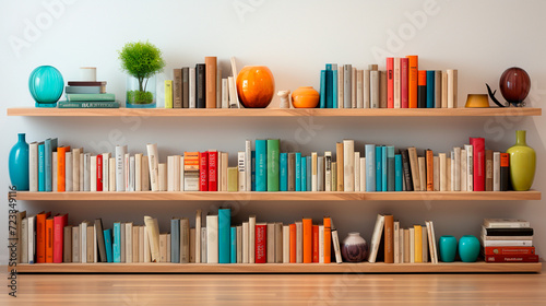 Minimalist Bookshelf Against White Wall. Generative AI.