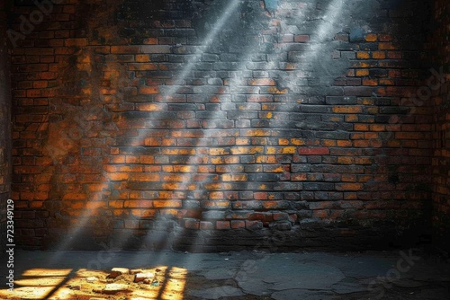 Amidst the darkness of the night, a glimmer of hope shines through the sturdy brick wall, casting a warm light upon the cold ground and illuminating the outdoor space with a sense of resilience and s photo