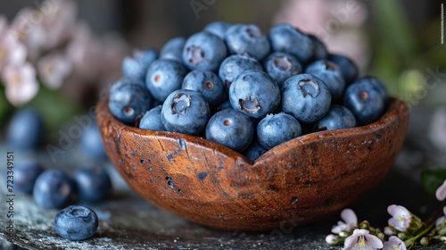  a wooden bowl filled with blueberries sitting on top of a table next to a bunch of blueberries on top of a table next to a bunch of flowers.