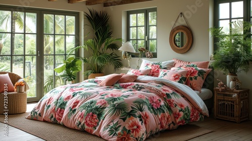  a bed room with a neatly made bed and a potted plant on the side of the bed and a large window with a view of a tropical tree outside.