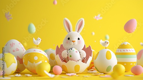 Happy Easter greeting card. 3d Illustration of Easter bunny sitting in a cracked eggshell and a chick born from a small egg surrounded with colorful Easter eggs on yellow background