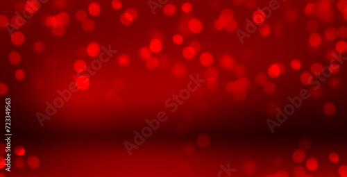 Valentine's Day red background for product presentation with glowing light bokeh, holiday romantic card, abstract wide banner with copy space.