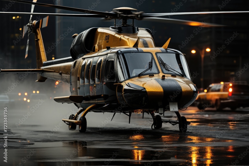 Chopper helicopter landing on a helipad at night Chopper helicopter landing on a helipad at night