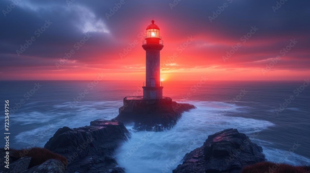  a lighthouse in the middle of a body of water with a red sky in the background and the sun in the middle of the water at the top of the picture.
