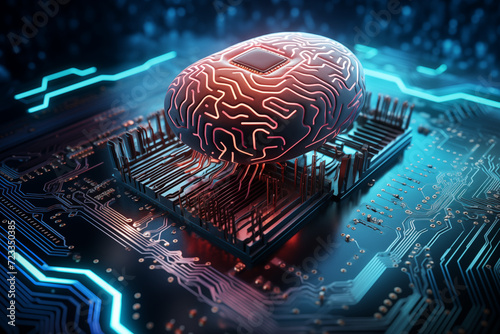 Abstrakte Darstellung Künstliche Intelligenz, Gehirn verknüpft mit einem Computer, Intelligenz von einem Computer